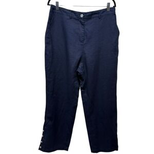 Tahari Pants Wide Leg 100% Linen Women Sz L Blue Coastal Lagenlook Elastic Waist